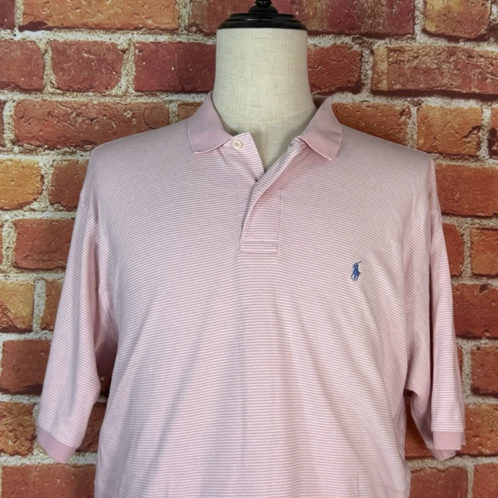 Polo Ralph Lauren Vintage Pink Striped Short Sleeve Polo Shirt Mens XL‎ Preppy